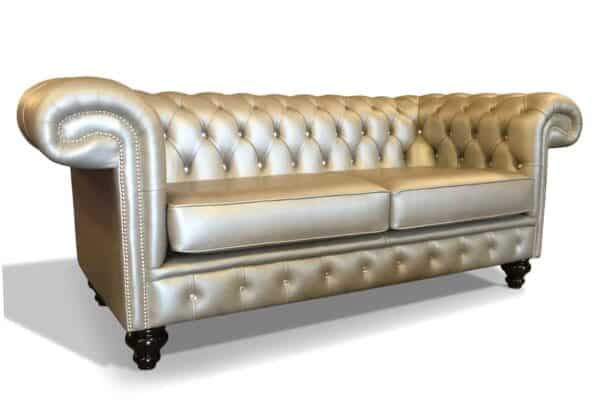 Balmoral 3 Seater in Vele Metallic Silver, with chrome studs, diamante-style crystal buttons, black legs