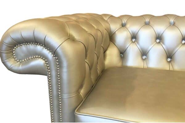 Balmoral 3 Seater in Vele Metallic Silver, with chrome studs, diamante-style crystal buttons, black legs
