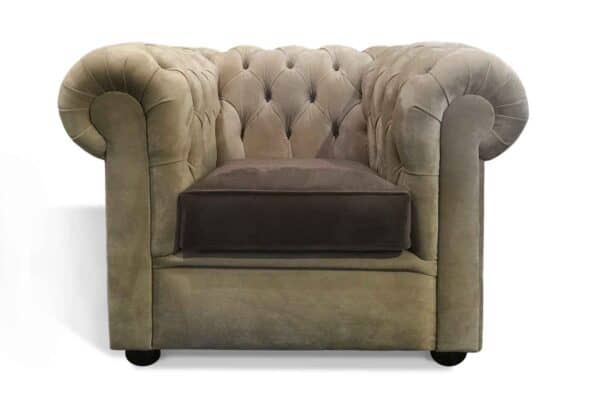 Buckingham Tudor Chair in Plush Velvet Mushroom with Plush Velvet Mole seat cushions