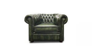 a green leather chair with a white background