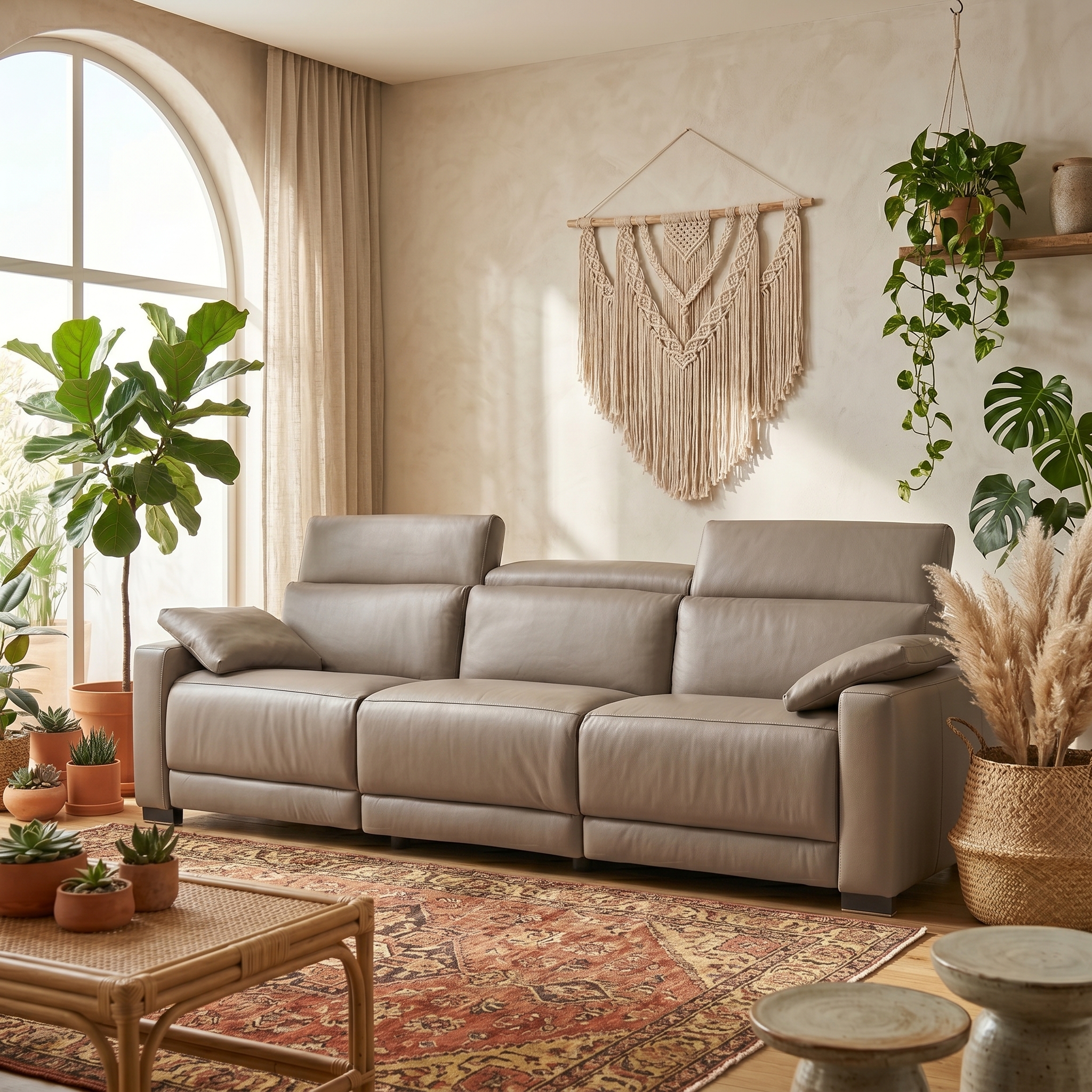 Modern light gray leather 3-seater sofa in a bright bohemian living room with plants and macrame wall hanging - the perfect sofa for your home