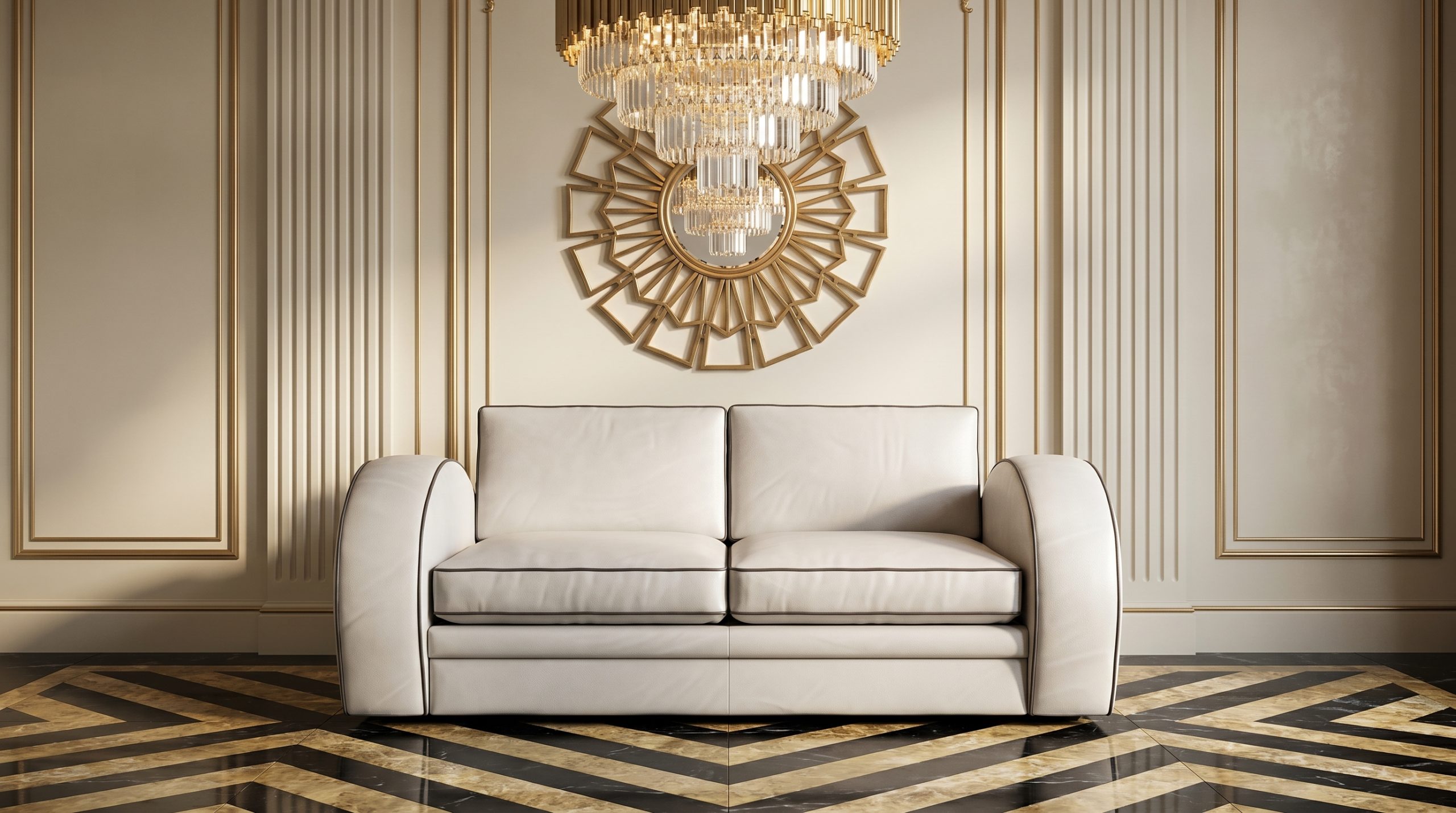 Elegant white leather two-seater sofa in a luxurious room with crystal chandelier, gold sunburst mirror, and chevron flooring - bespoke sofas UK