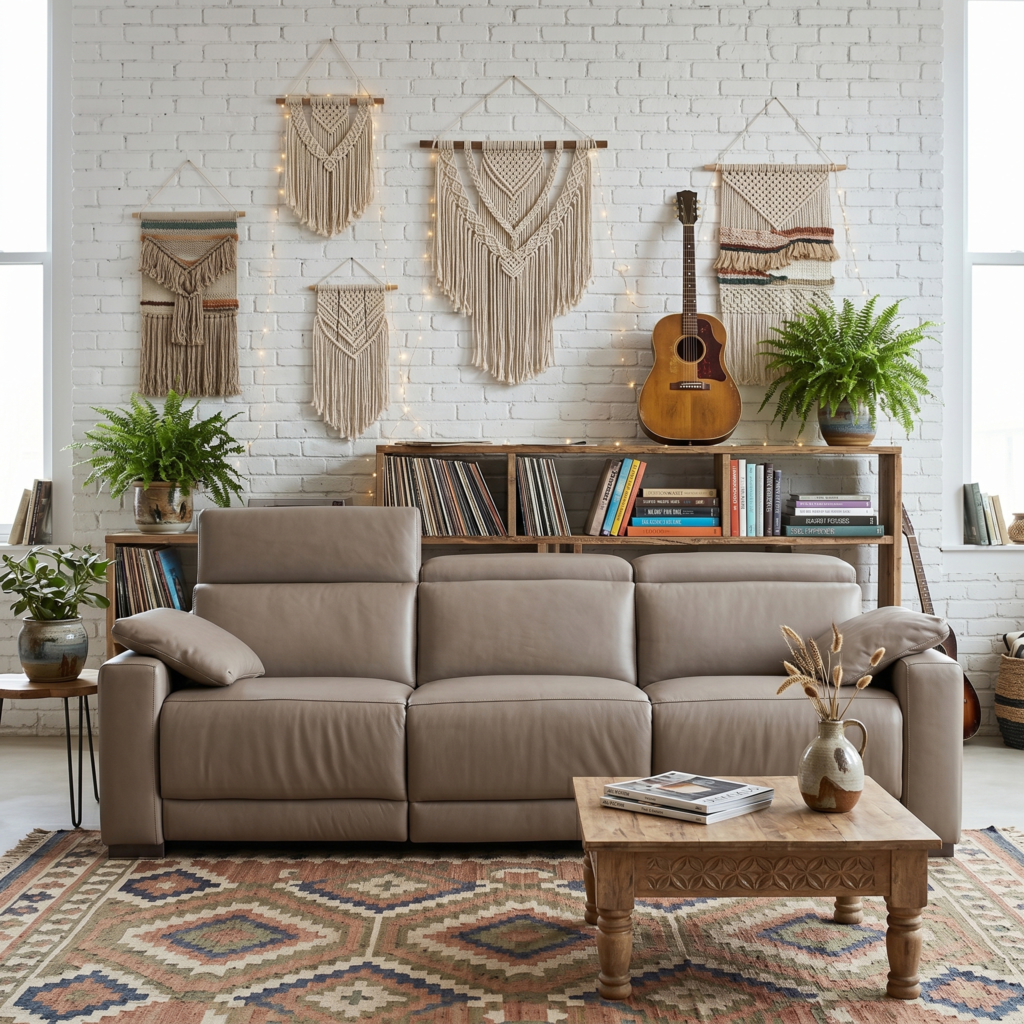 Taupe leather 3-seater sofa in a bohemian living room with white brick wall, macrame wall hangings, and plants - the perfect sofa for your home