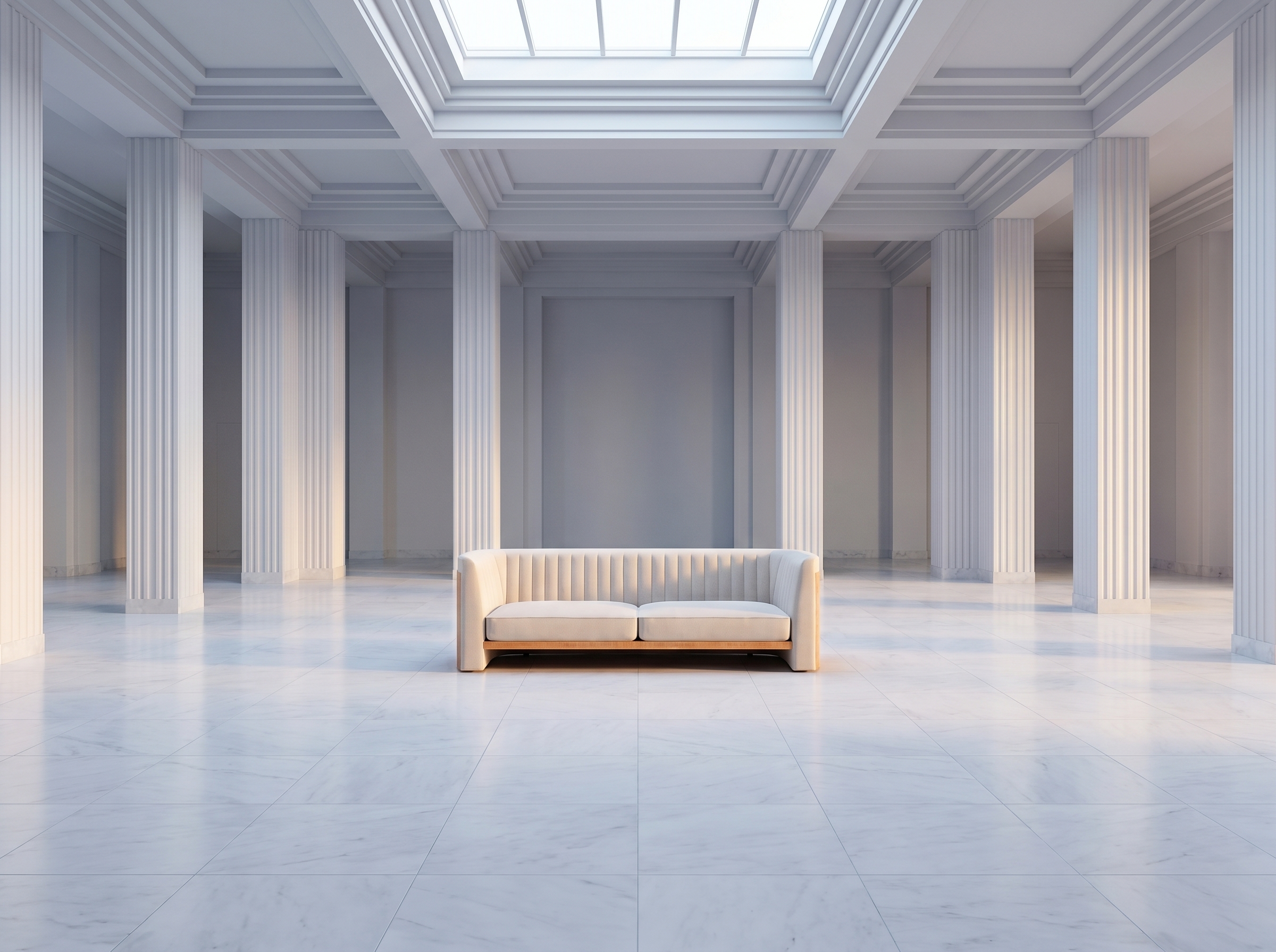 Modern minimalist bespoke sofa featuring vertical channel stitching, cream upholstery, and natural wood base, displayed in an elegant neoclassical interior with fluted columns, marble floors, and skylight - bespoke sofas UK