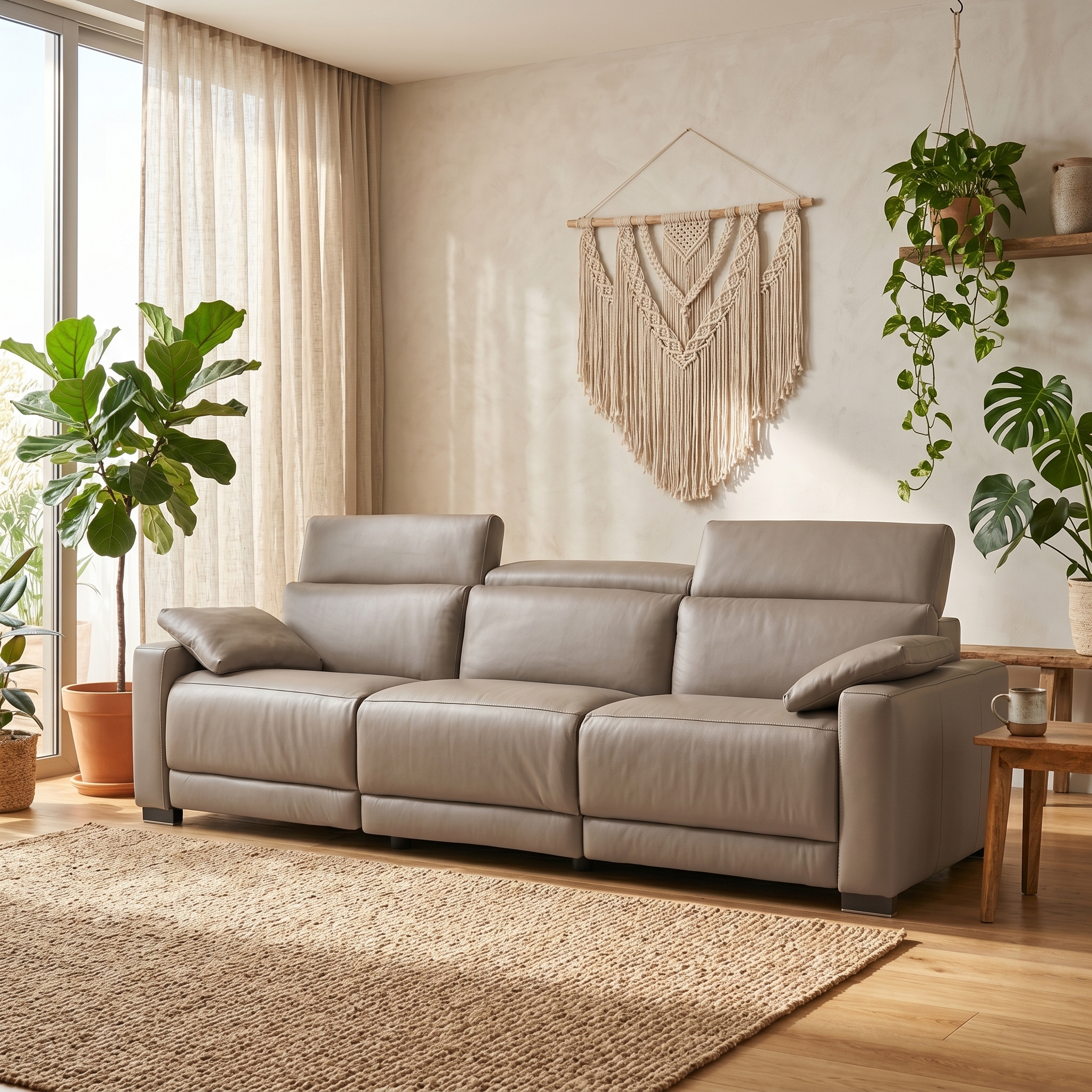 Newman and Bright Sofa — a three-seater taupe leather recliner with adjustable headrests and scatter cushions, placed in a light-filled coastal interior with sheer curtains, ocean-inspired wall art, and a woven jute rug