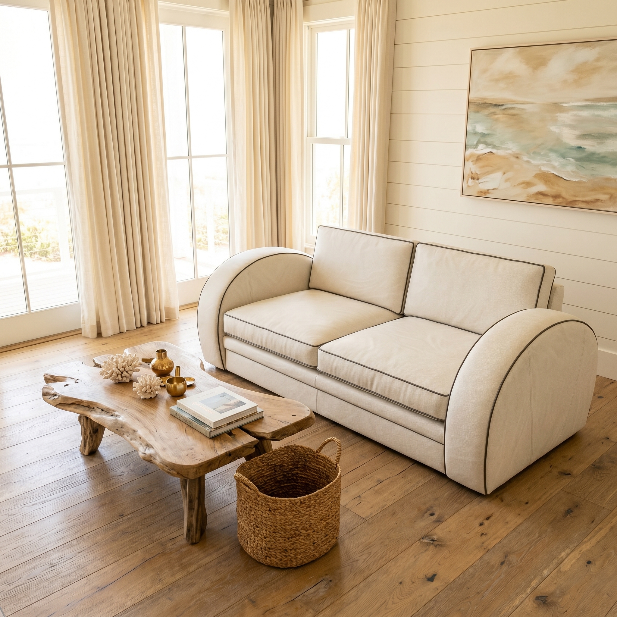 Curved cream bespoke sofa hospitality seating with contrasting black piping in a bright coastal living room featuring white shiplap walls, natural live-edge wood coffee table, and organic textures
