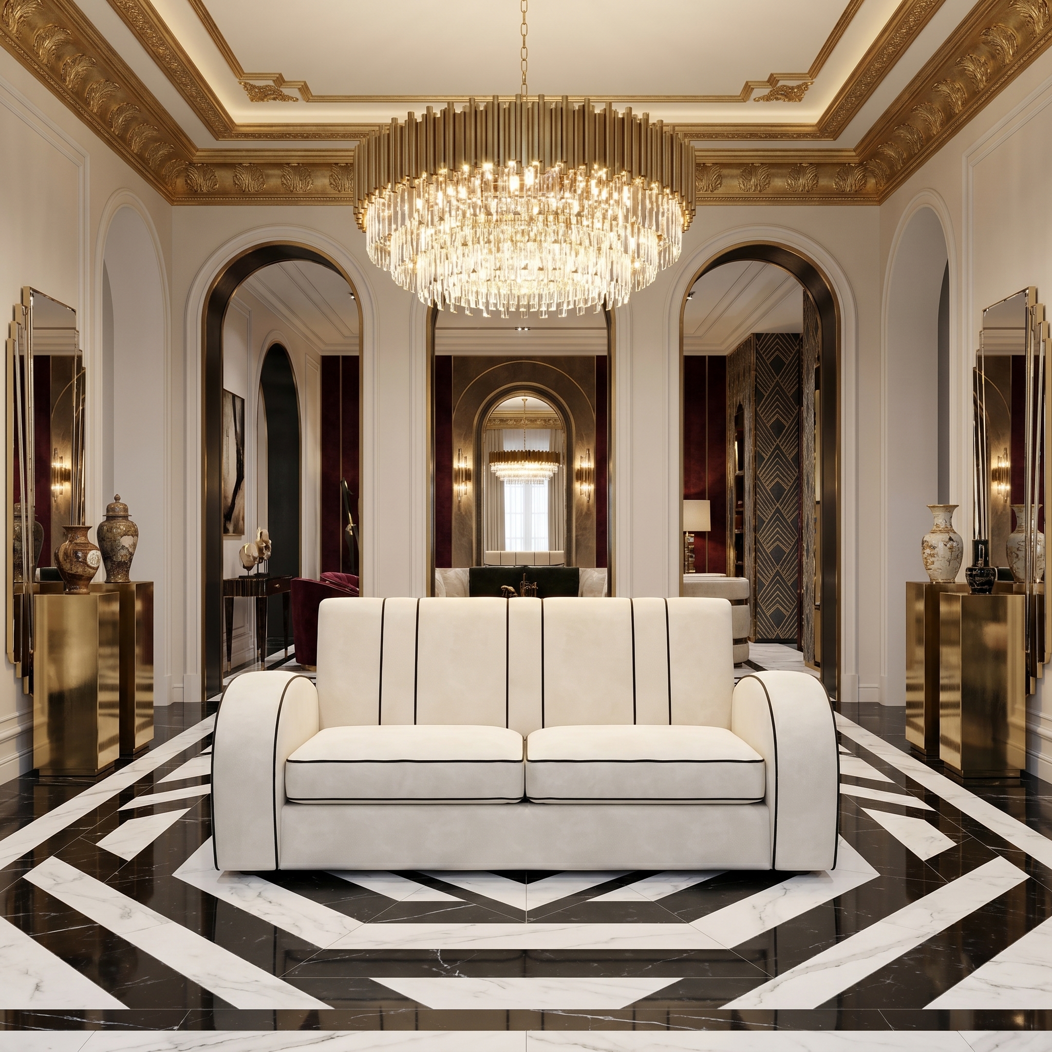 A grand, symmetrical room featuring a white sofa with black piping centered on a black and white geometric marble floor. A large, tiered crystal chandelier hangs from a ceiling with ornate gold molding. Arched doorways and gold pedestals with vases flank the space, creating a refined quiet luxury interior design aesthetic.