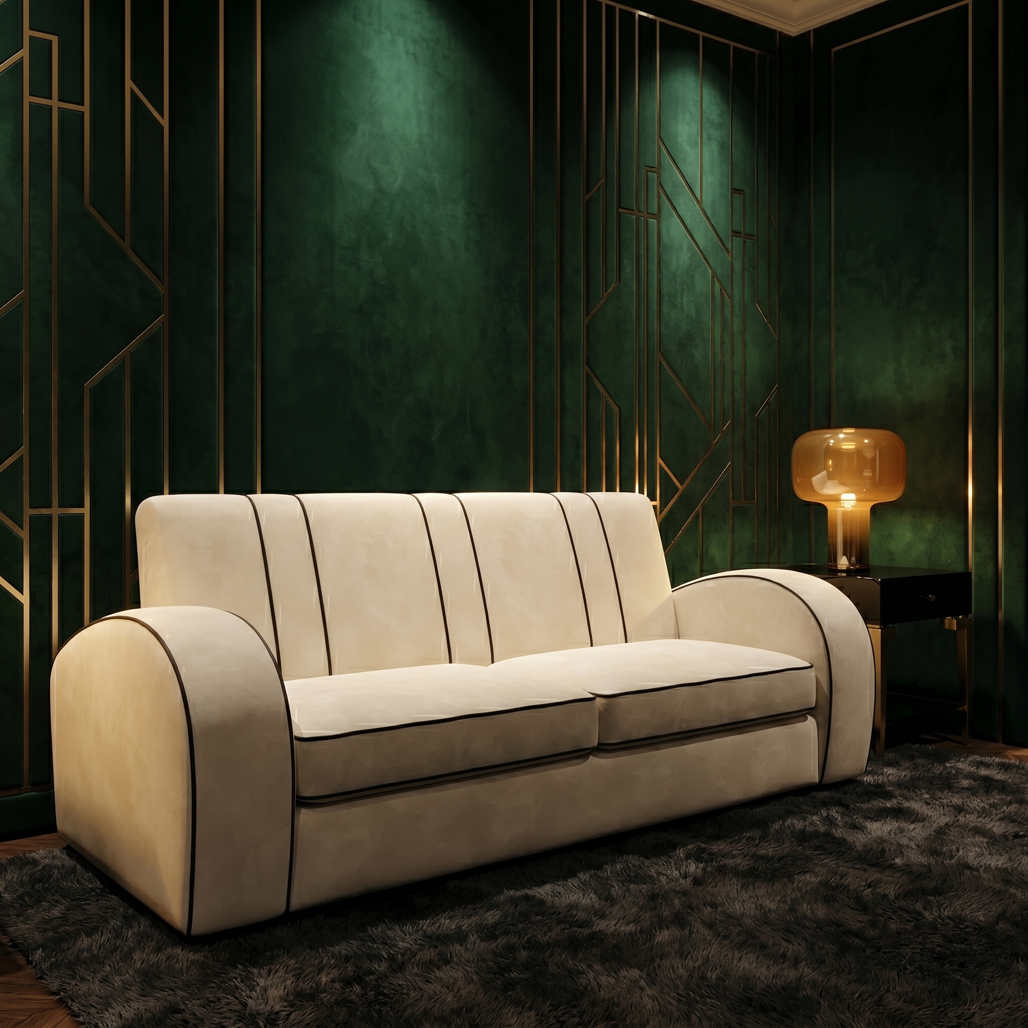 A cream-colored sofa with black piping sits against an emerald green wall with geometric gold Art Deco paneling. The curved modern sofa rests on a charcoal gray shag rug, accompanied by an amber glass table lamp on a black side table, exemplifying quiet luxury interior design with rich textures and sophisticated color contrasts.