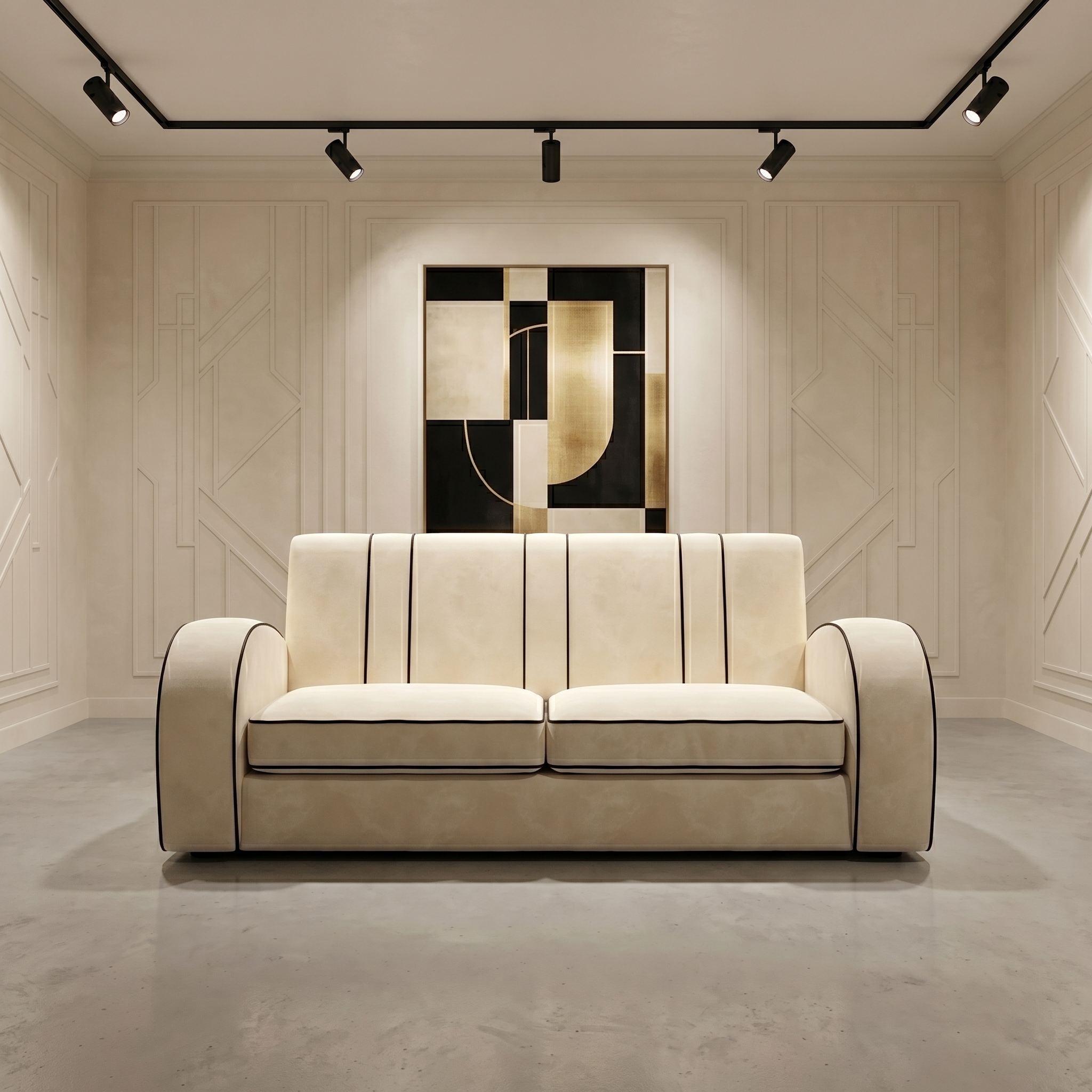 A cream-colored sofa with black piping is centered in a minimalist room featuring white paneled walls and a polished concrete floor. Black track lighting highlights a large abstract painting in black, white, and gold hanging behind the sofa, showcasing a refined quiet luxury interior design style.
