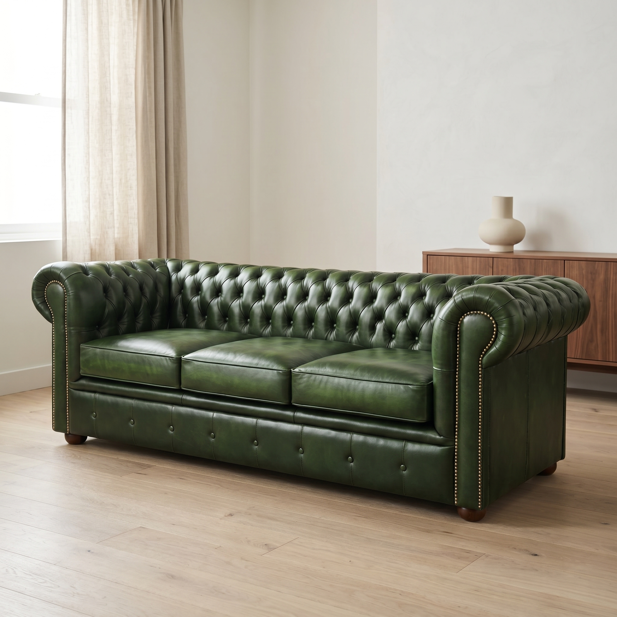 A luxurious green leather Newman and Bright sofa in a chesterfield style, set against a neutral wall with light wood floors, a sheer curtained window, and a wooden credenza in the background