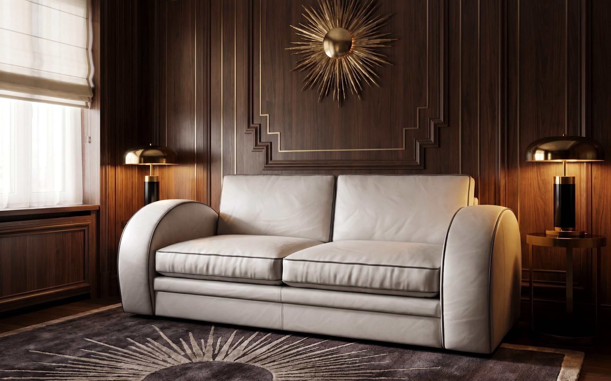 A hyper-realistic architectural photograph of an intimate, upscale Art Deco private study. Centered in the room is an elegant off-white leather loveseat, characterized by its heavily rounded arms and the bold, dark contrasting welt cord that flawlessly traces every seam—from the top of the backrest down to the plinth base. The sofa is nestled against a backdrop of rich, dark walnut paneling featuring stepped Art Deco moldings and subtle brass inlays. A deep-toned, plush wool rug with an intricate sunburst pattern anchors the space. On each side, sleek low-profile brass and black Art Deco table lamps cast a soft, warm glow that gently reflects off the smooth leather surface. A sculptural brass sunburst wall sconce hangs on the paneling above. Soft, diffused daylight filters through Roman blinds, mixing with the warm interior lighting to create a deeply textured, opulent, and timelessly elegant atmosphere. 35mm photography, photorealistic, rich depth of field.